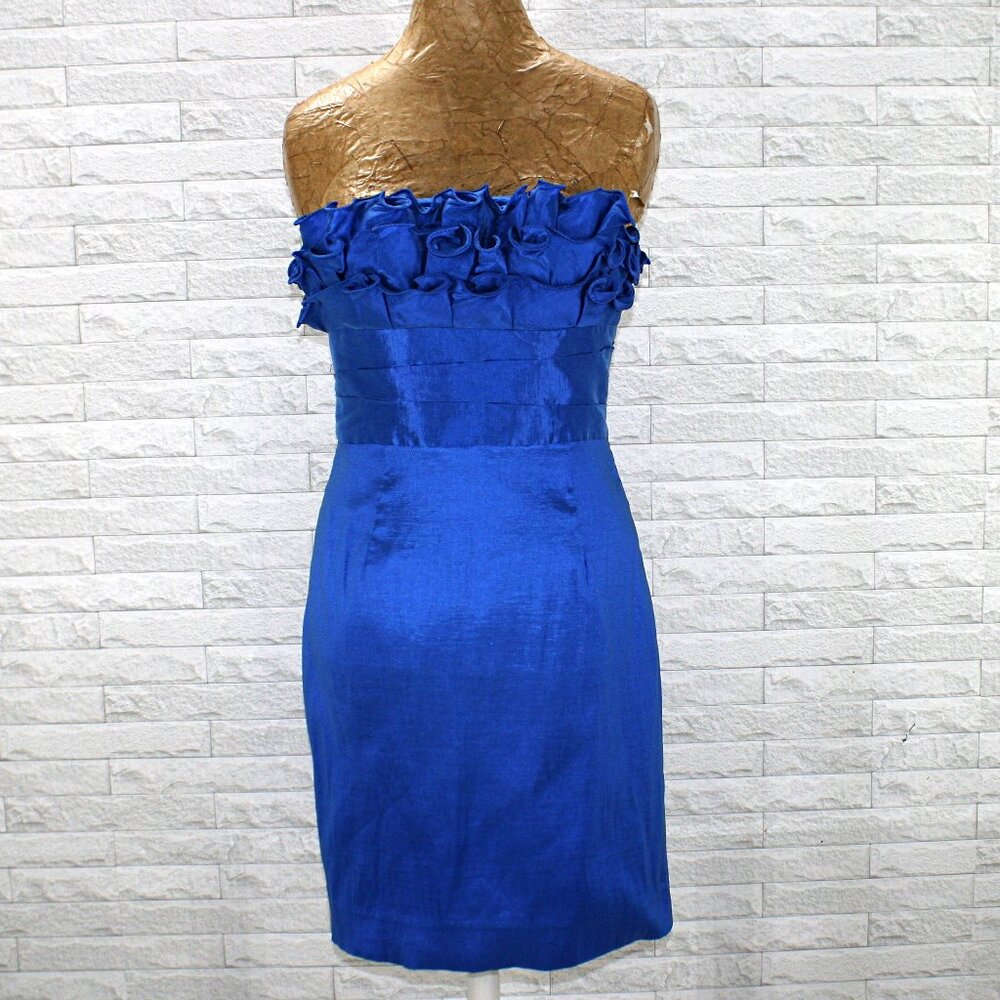 CALVIN KLEIN Dress Strapless Ruffle Cocktail Party Royal Blue Satin Mini 6